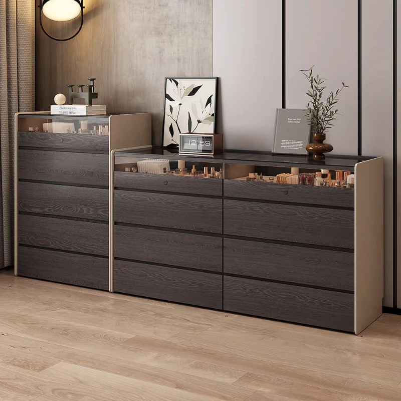 

New light luxury minimalist solid wood eight-bucket cabinet bedroom with light strip multi-functional dresser