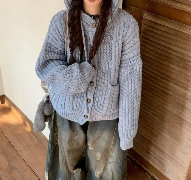 

Fried Dough Twists Hooded Vintage Sweater Coat Cardigan Autumn Winter New Design Slouchy Loose Knit Top