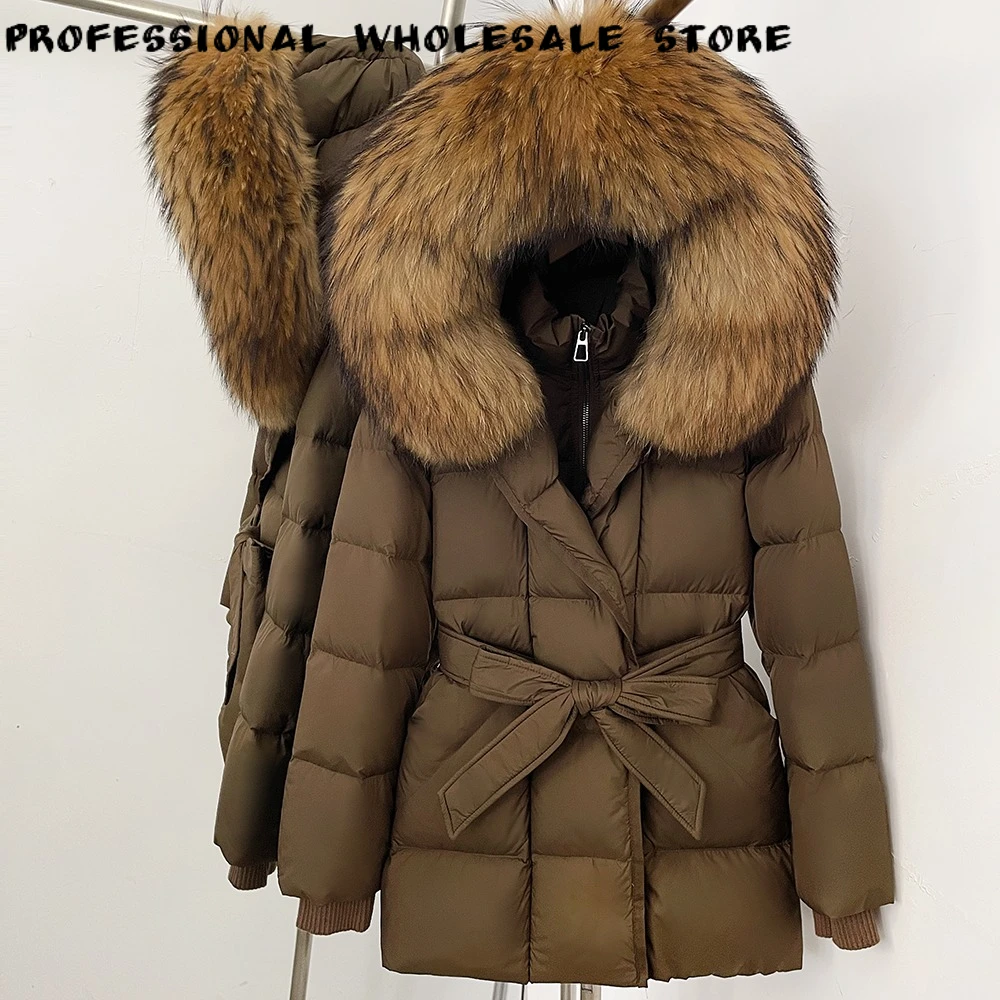 Women's Down Coat Soft Genuine Fur Collar Jacket Hooded Puffer Jakcet Belted Ultra Warm Thermal Elegant Winter for City Fashion