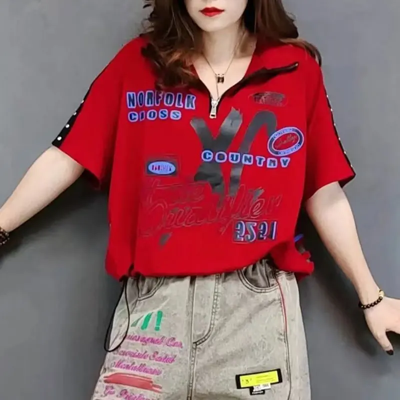 Streetwear Letter Printed Pullovers Commute Female Clothing Chic Zipper Stand Collar Summer Casual Loose Spliced Rivet T-shirt