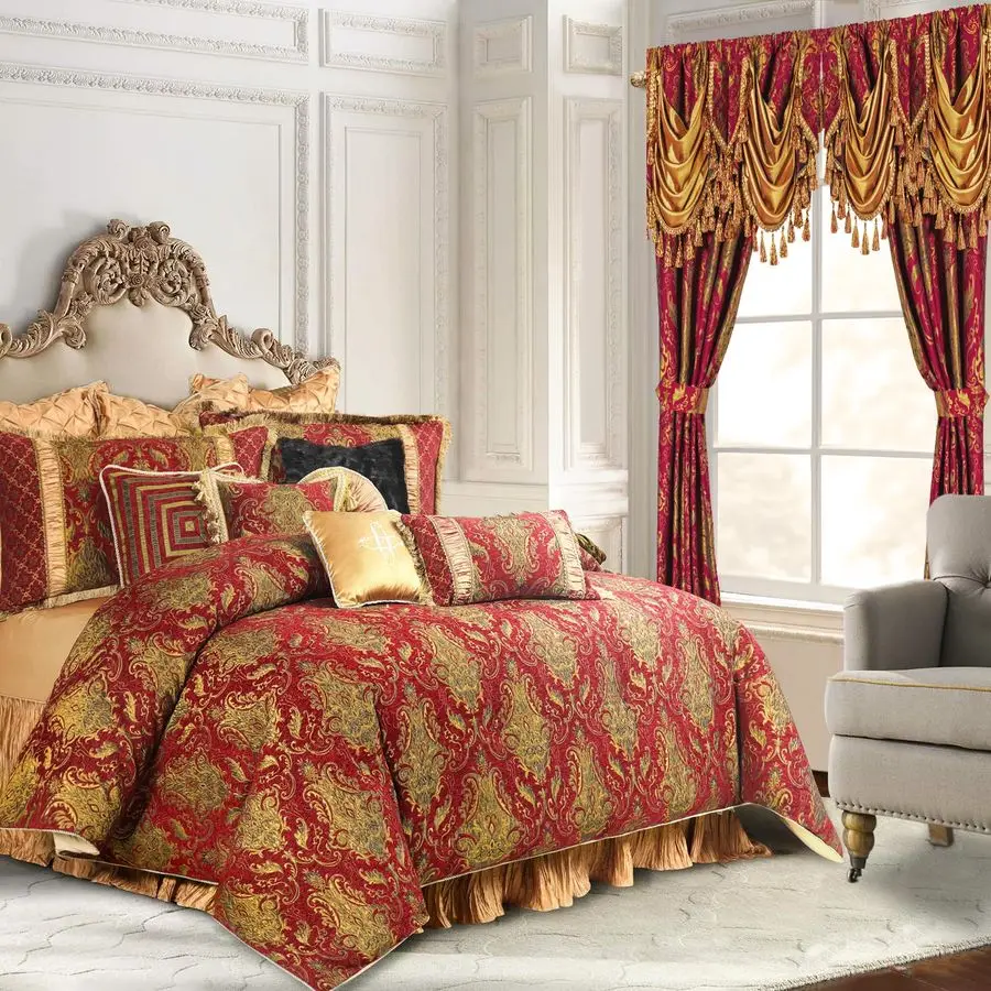 Rideaux de fenêtre en damassé rouge de luxe avec cantonnières et attaches en cascade, rideaux occultants classiques en jacquard 2 panneaux pour