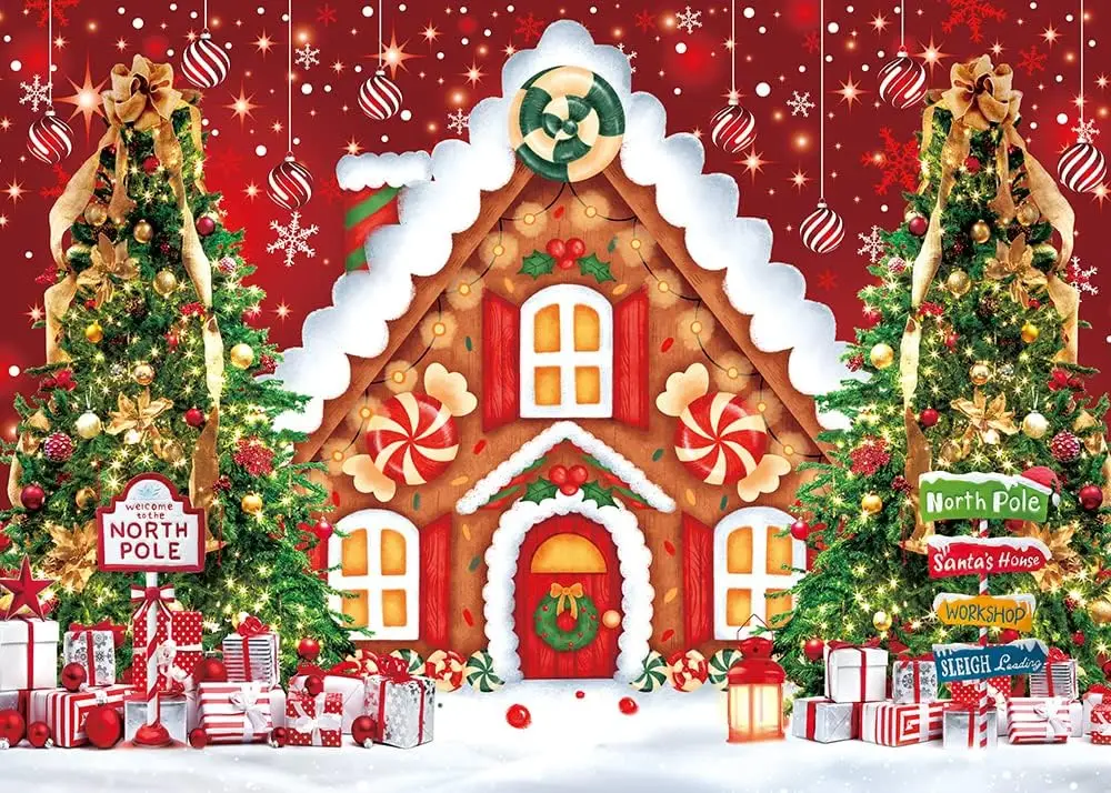 

red Christmas Gingerbread House Winter Merry Xmas Tree Gift party photo background photography backdrop studio