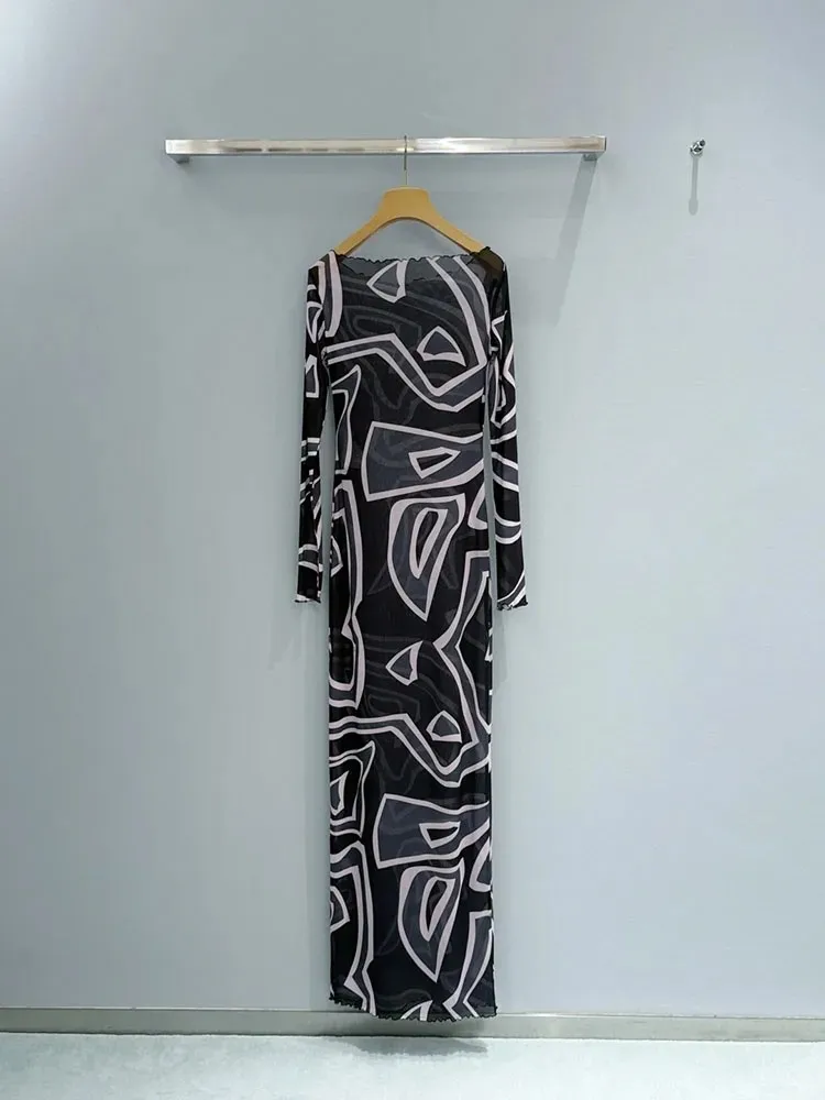Spring Summer Fashion Geometric Print Thin Style Silk Pencil Long Dress Women's Long Sleeve Translucent High Waist Dresses