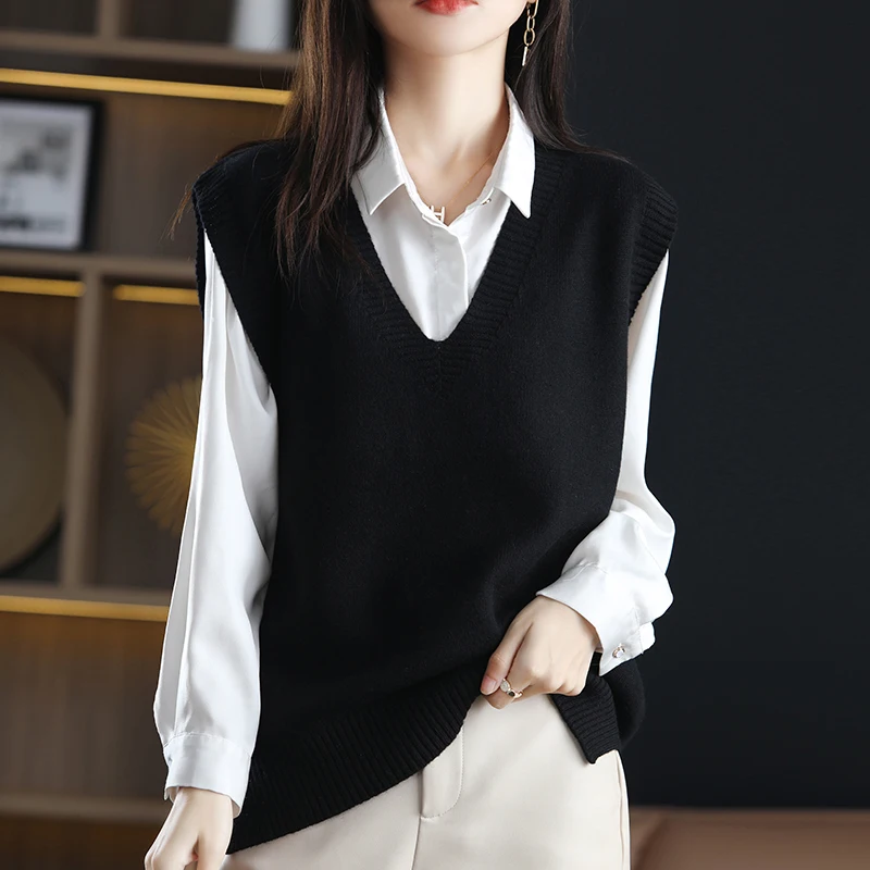 Outerwears V-Neck Black Knitted Women Sweater Vest New Sleeveless Knit Sweater Vest Women Tops Sweaters Sueters De Mujer Q2153