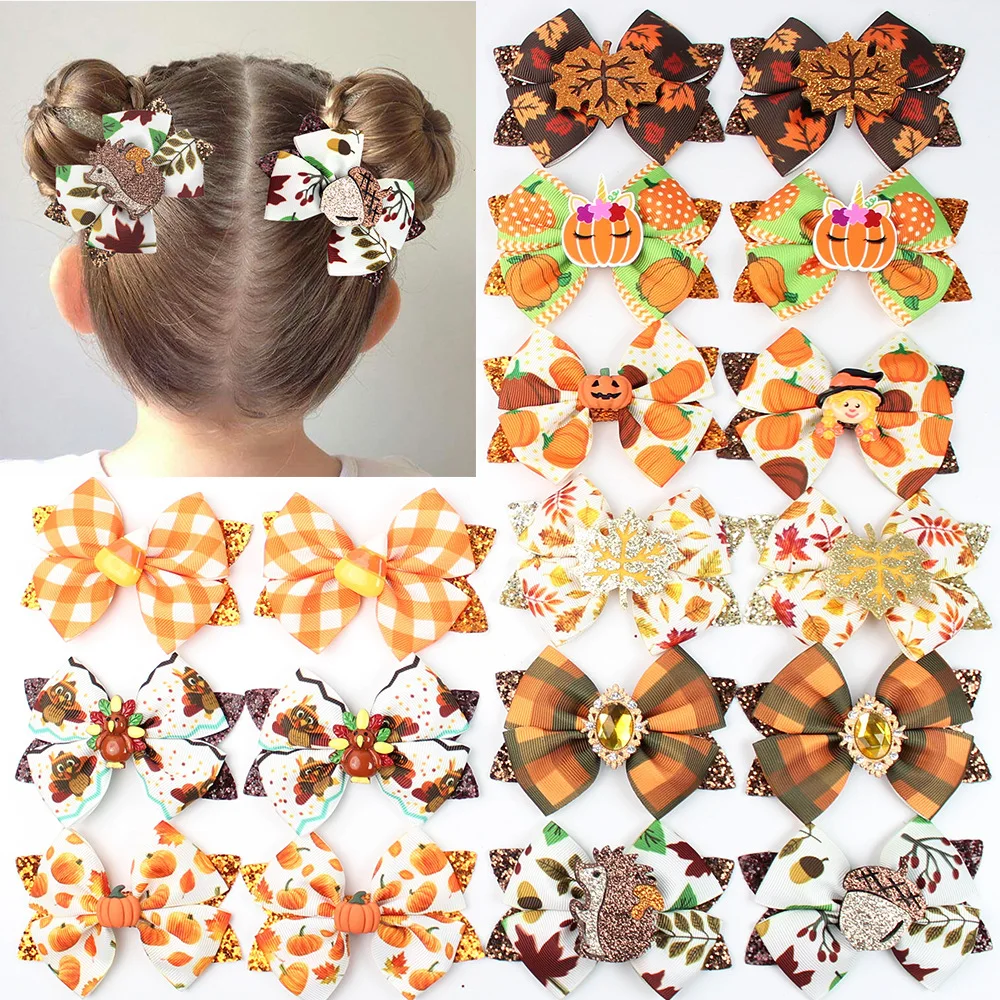 30pcs Thanksgiving Baby Hair Clips for Girls Pumpkin Turkey Print Bow Hairpins Glitter Bow Barrettes Kid's Hair Accessories