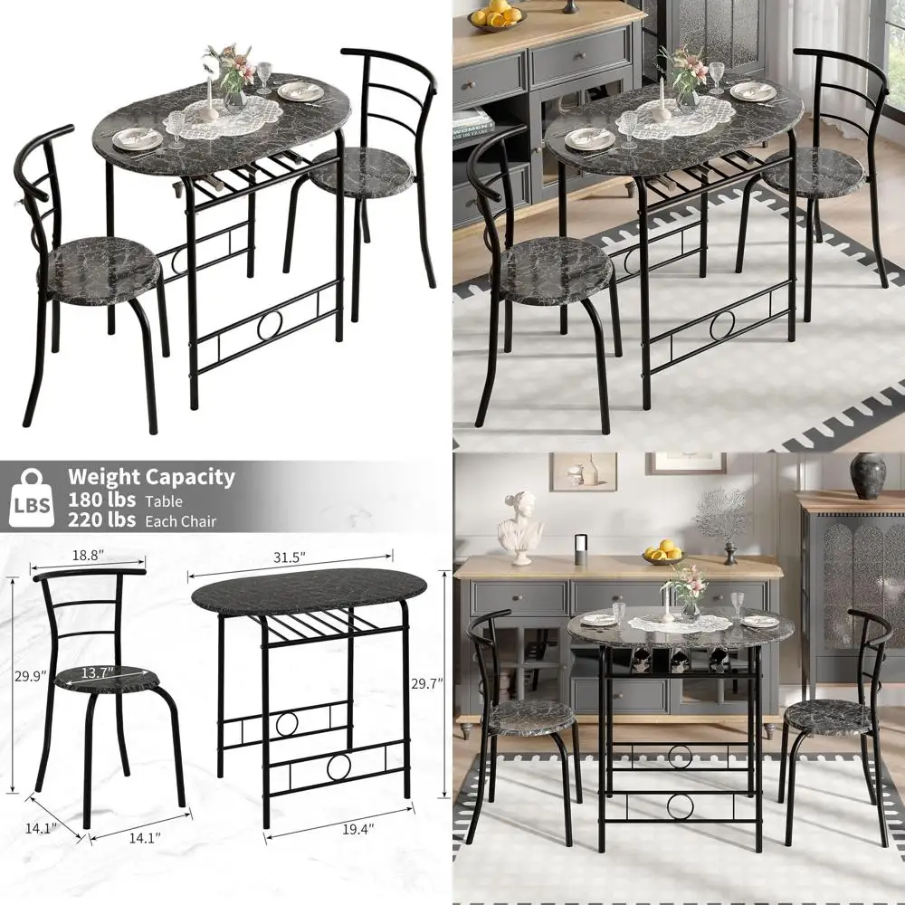 3-Piece Dining Table Set for Kitchen Breakfast Nook, Wood Grain Oval Tabletop and Metal Frame with Built-in Wine Rack, for Small