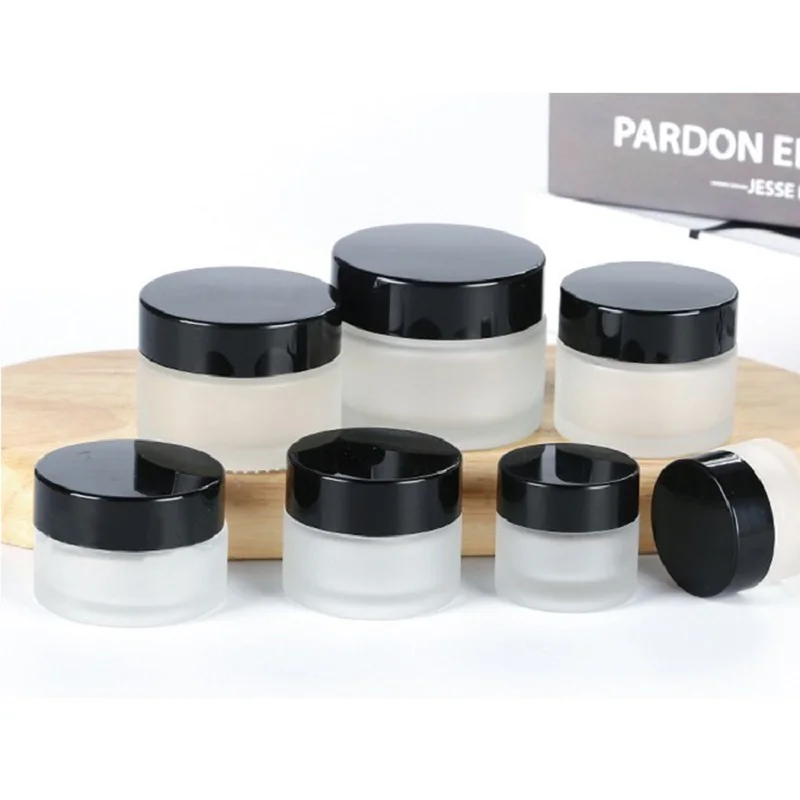 

Hot Sale 5/10/15/20/30/50/100g Frosted Glass Eye Face Cream Jars with Black/White Lid Eco-friendly Cosmetics Skin Care Container