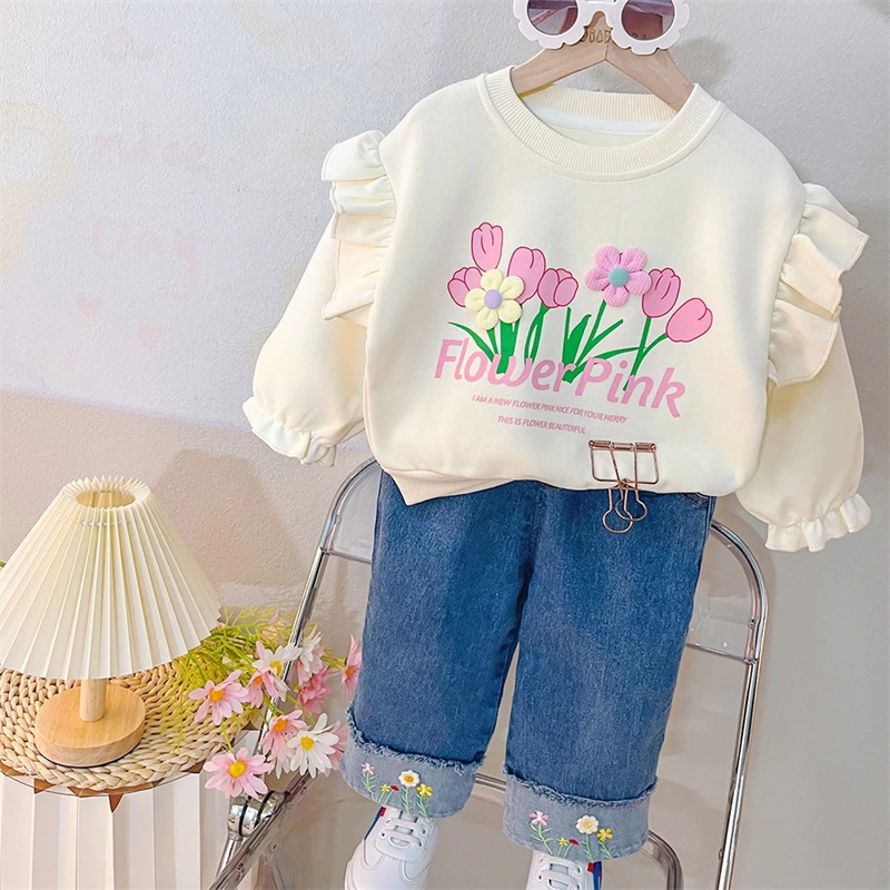 

Autumn Children Clothing Sets Baby Girls Floral Sweatshirt Jeans 2 Piece Suit Lace Infant Clothes Outfits Kids Princess Costumes