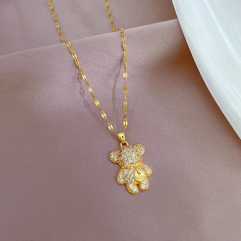 Милое/романтичное ожерелье LUCKY99 с кулоном в виде маленького медведя из циркония для женщин, блестящая микро вставка, цепочка из титановой стали, ювелирные изделия в подарок