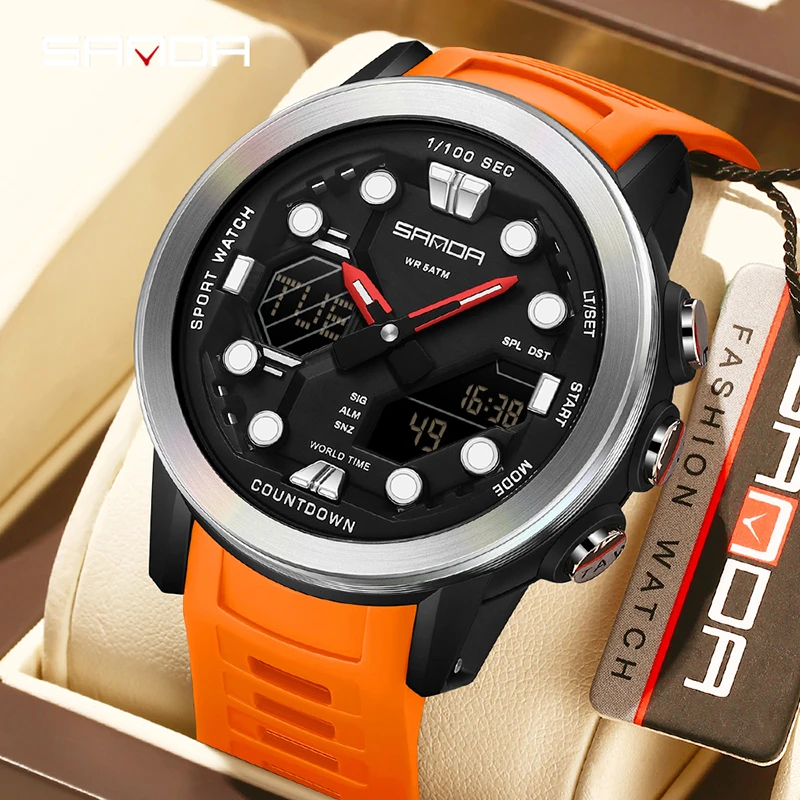 

Мужские электронные часы SANDA 3392, 5 атм, водонепроницаемые, с одной кнопкой, ночник для бега/счет обратного отсчета/4 комплекта будильников для зоны 29 UTC