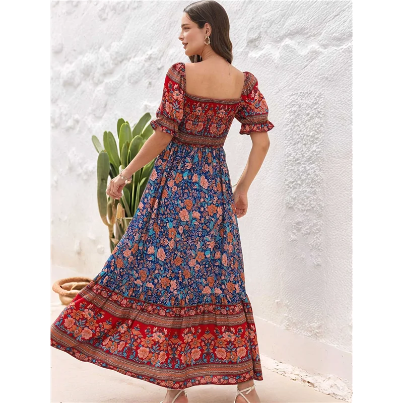 ABRT - Damska Sukienka Maxi na Lato 2025, Odkryte Ramiona, Boho, Kwiatowy Wzór, Warstwowa, Codzienna, Zwiewna, Długa
