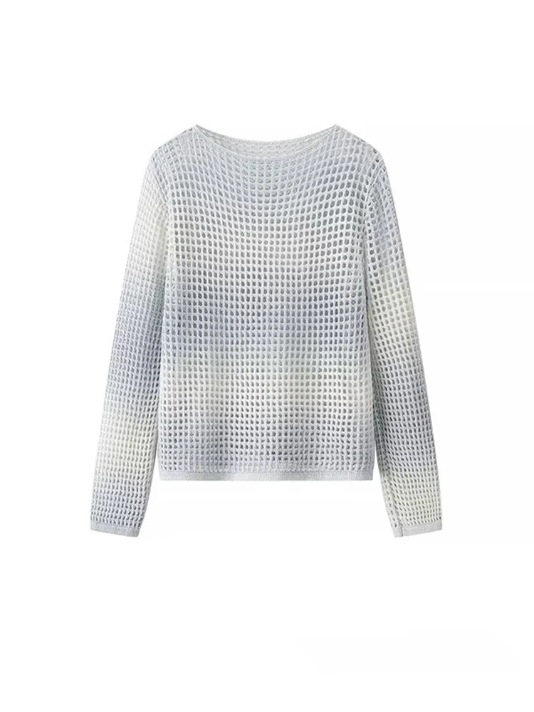 Women's Knitted Sweater Tie Dyeing Gradient Color Hollow Round Neck Long Sleeve Hoodie Fashion Thin Knitted Sweater Autumn New