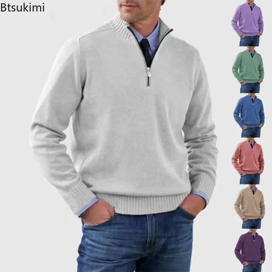 2025 Men's Casual Warm Knitted Sweaters Solid Turtleneck Zipper Knitted Pullovers Tops Long Sleeve Casual Knitwear Men's Jumpers