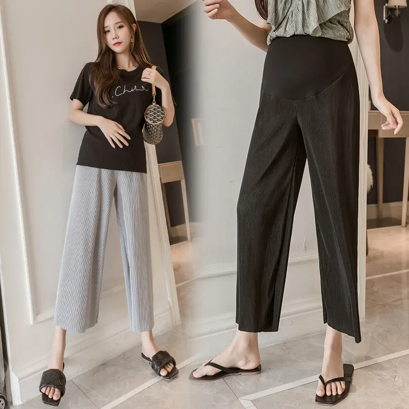 Summer Maternity Belly Trousers Thin High Waist Floor-length Pregnant Woman Pleated Pants Fashion Wide Legs Pregnancy Boot Cut