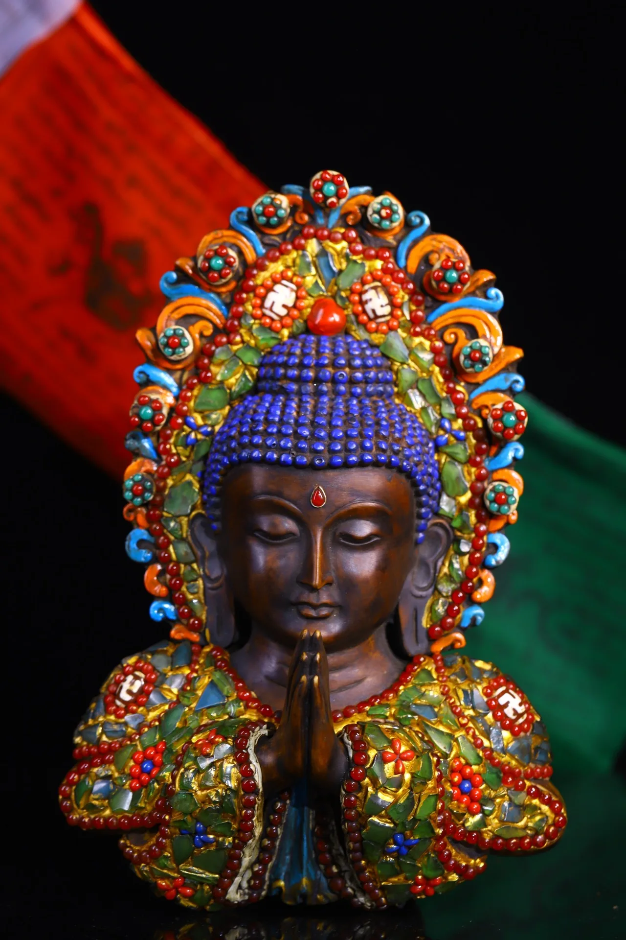 

10"Tibetan Temple Collection Old Natural Yak Bone Painted Mosaic Gem gZi Beads Shakyamuni Buddha Head Mask Worship Hall