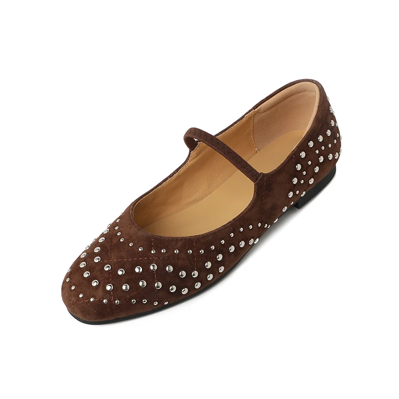 

2025 Mary Jane Woman Rivets Shoes Sheepsuede Round Toe Handmade Flat Shoes Ladies One Strap Spring Autumn Footwear