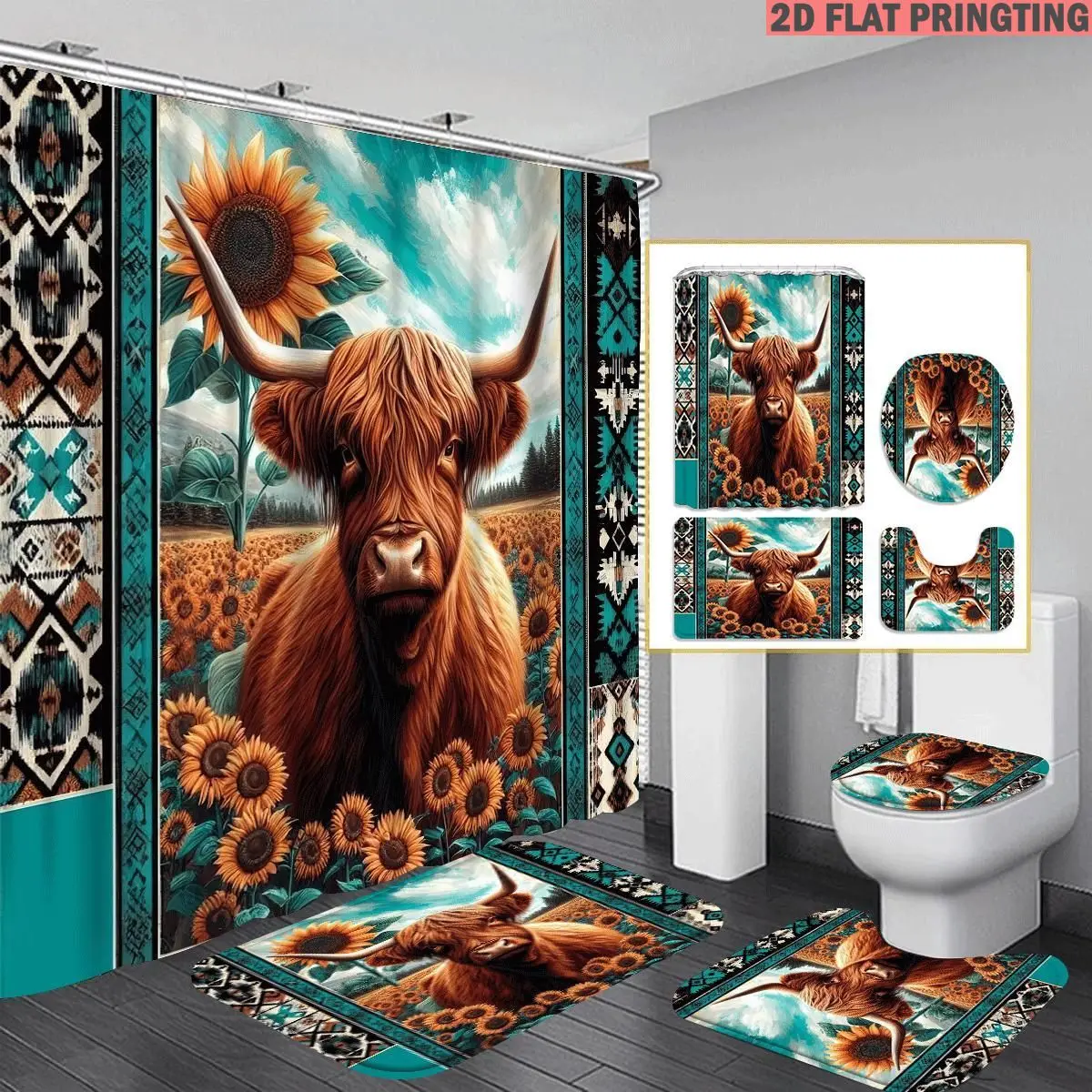 1pc/4pcs Shower Curtain and Bath Mat Set with Print Pattern Highland Cow Sunflower Field Pattern Print Non-Slip Bathroom Decor