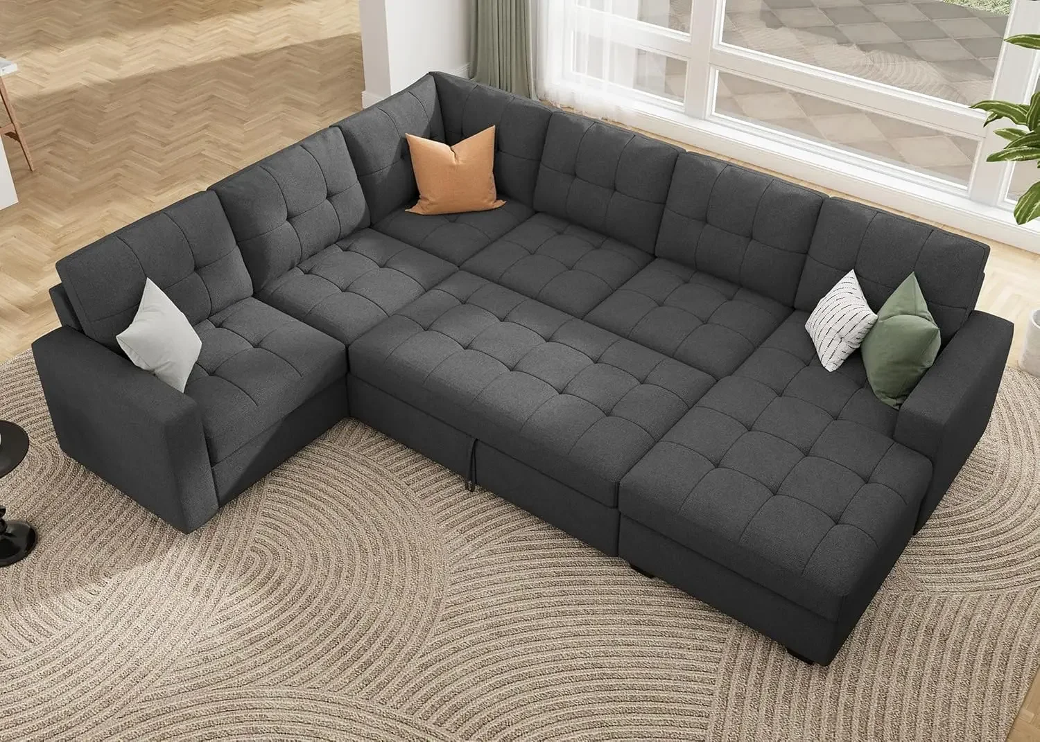 Sectional Sleeper Sofa Pull Out Bed with Storage, Sleeper Sectional Sofa Couch, Sectional Sleeper Bed for Living Room, Dark Grey