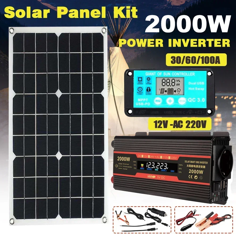 Solar Power Generation System 2000W Power Inverter with Smart LCD Display Dual USB 12V To 220V with 30/100A Solar Controller Set