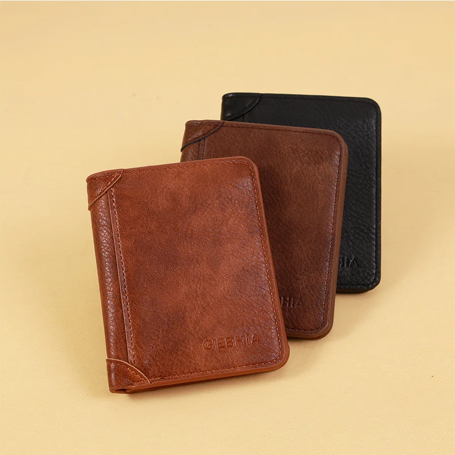 Men PU Leather Short Wallet Bifold Card Holder Cash Organizer Dual ID Window Multi Slot RFID Blocking Billfold with Coin Pocket