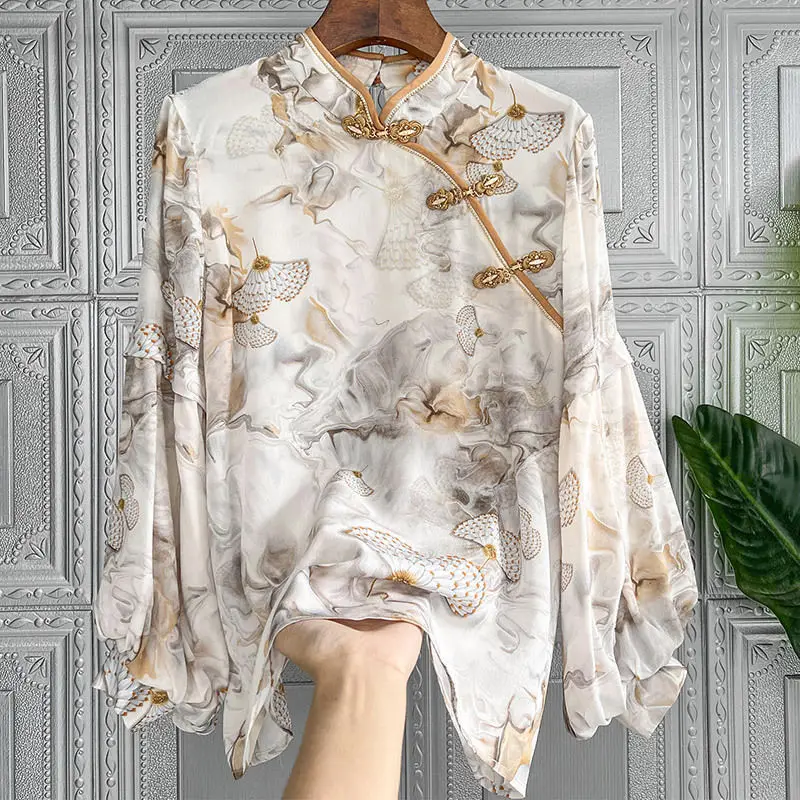 

2022 New Retro Print Imitation Silk Button Collar Bubble Sleeve Blouse Woman Shirts Tops Camisas De Mujer