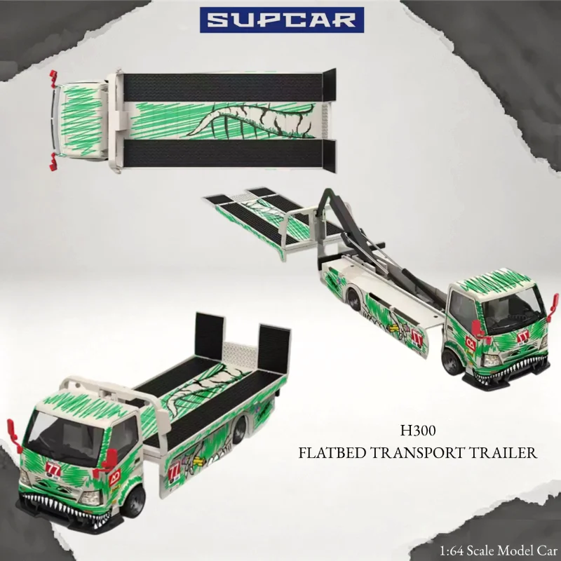 sc-1-64-h300-trailer-77-white-green-doodles-green-dinosaur-metal-die-cast-car-model-holiday-gifts-collection-ornaments
