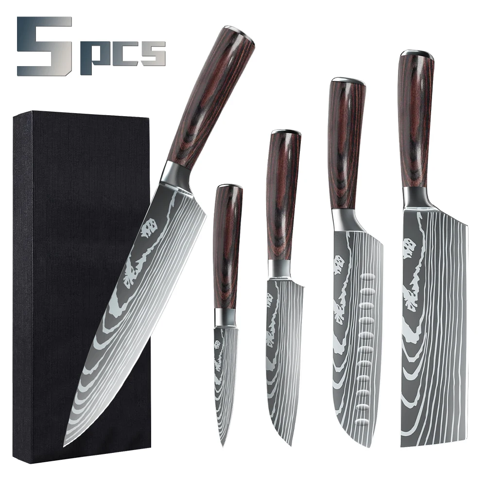 5Pcs Stainless Steel Kitchen Knives Set Laser Damascus pattern Chef Knife Sharp Santoku Cleaver Slicing Utility Knives