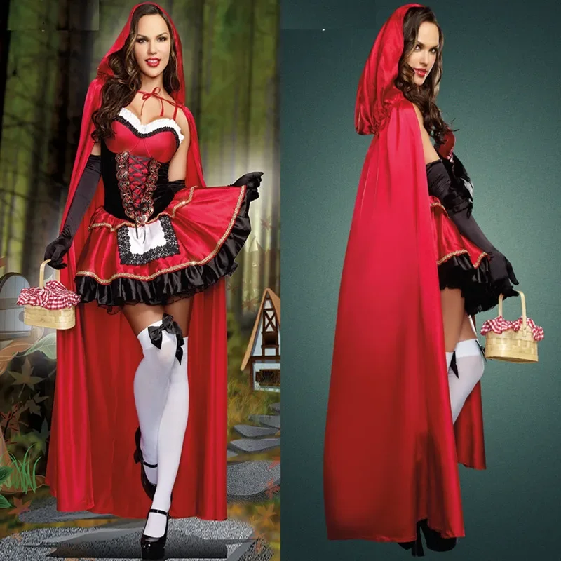 Disfraz de Caperucita Roja para Mujer, Disfraz de Halloween para Adultos, Disfraz de Fantasía, Vestido de Cuento de Hadas para Carnaval + Capa, Conjunto de Fiesta para Mujer