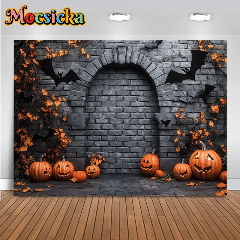 Mocsicka Halloween Photography Background Grey Brick Wall Bats Decorations Autumn Pumpkin Party Photo Backdrops Studio Wallpaper