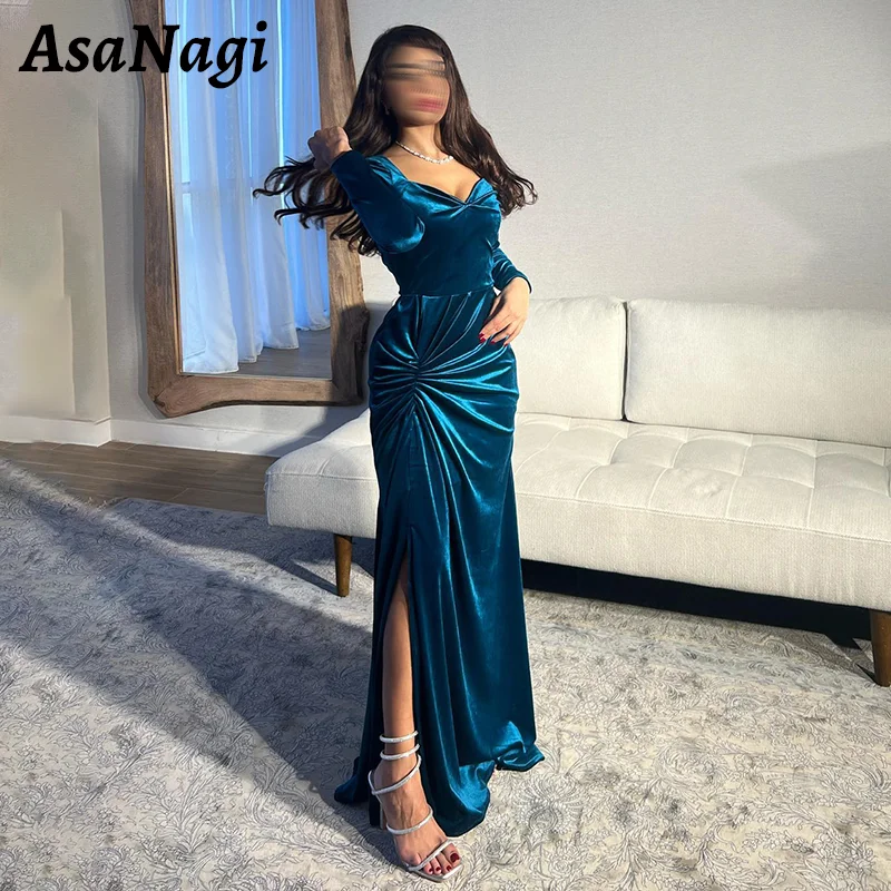 

AsaNagi Mermaid Prom Gowns Women's Square Neck Long Sleeve Velvet Evening Gown Pleated Side Slit Floor Length Formal Party Dress