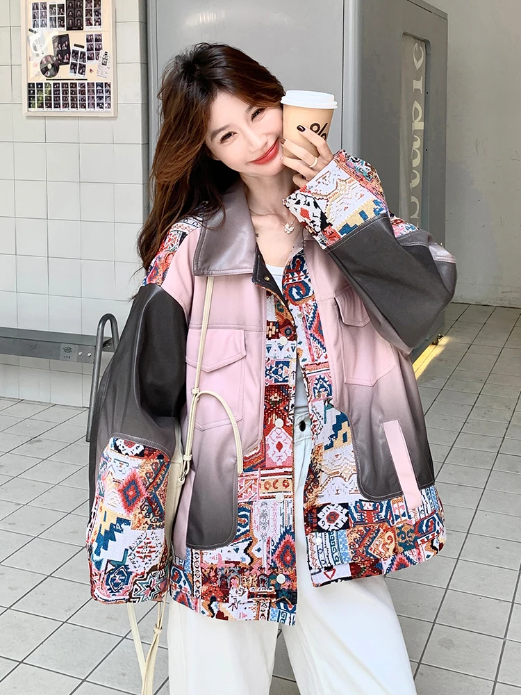 2025 Spring and Autumn New Pink Ethnic Print Leather Jacket Green Long Sleeve Turn-down Collar Loose Casual Leather Jacket