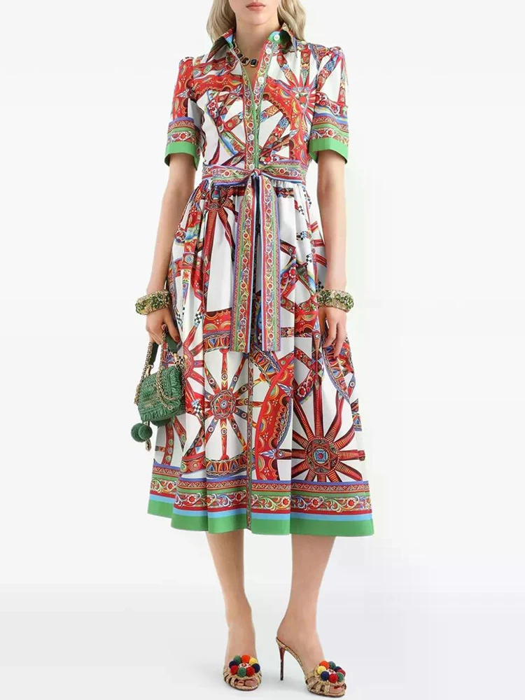 2026 Summer Women's Clothing Retro Positioned Geometric Print Lapel Strap Waist Dress Fashion Loose Straight Shirt Skirt