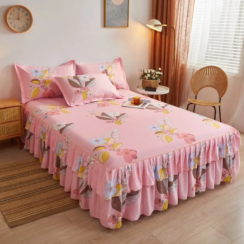 

Dust-proof Double Lace Bed Skirt Three-piece Set Floral Printed Pink 3in1 Bedsheet Set 120/150/180CM Thickening