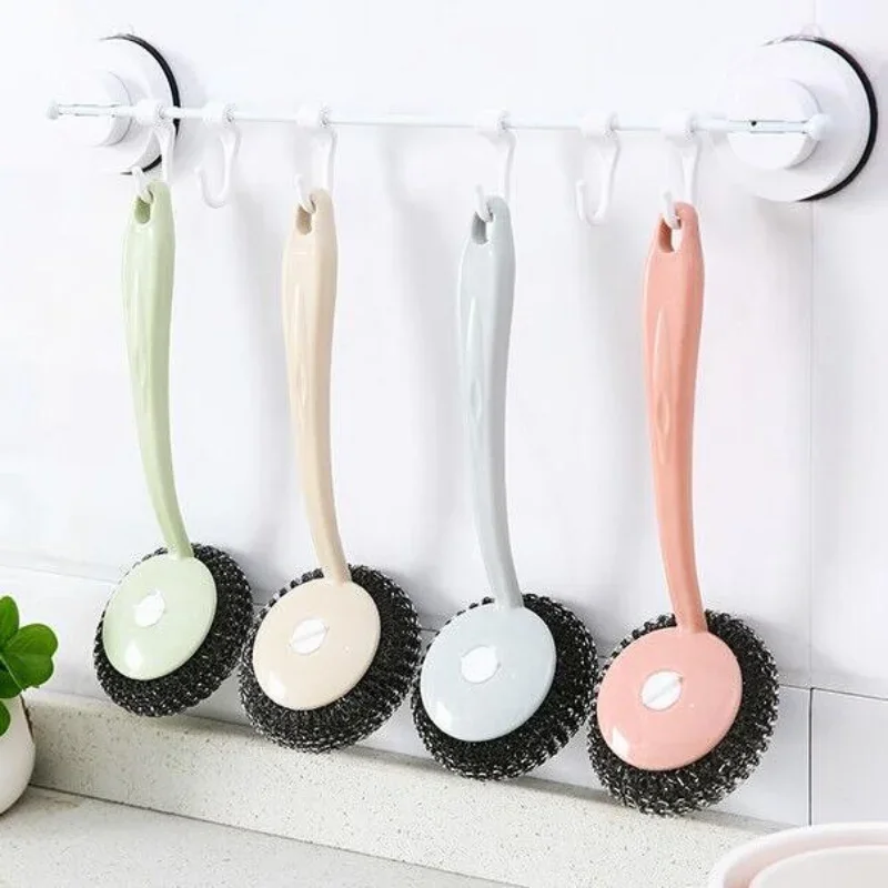 Stainless Steel Sponges Scourer Pot Brush, Long handle Cleaning Brush Scrubbers, Metal Scouring Pads Kitchen Cleaning Tool