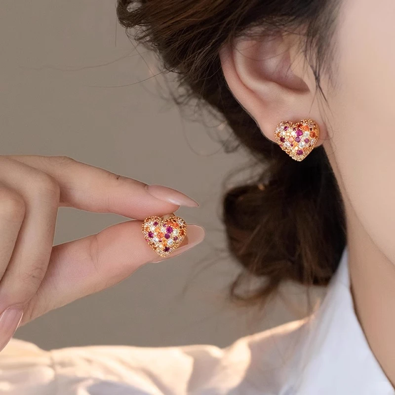 Exquisite Sparkling Colored Zircon Inlaid Heart-shaped Earrings for Women, Sweet Temperament, Daily Party Jewelry Gifts