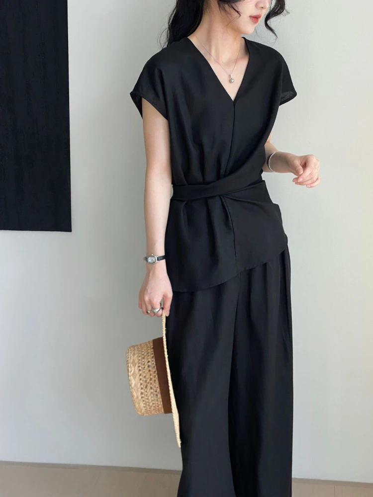 Set Blus dan Celana untuk Wanita 2 Potong Kemeja Kasual Bergaya Korea Elegan dengan Lengan Estetika Chic Celana Kaki Lebar Wanita