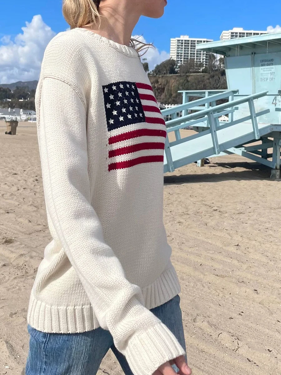 Womens American Flag Sweater Stars Stripe Flag Pattern Long Sleeve Sweater Fall Winter Knit Pullover Tops