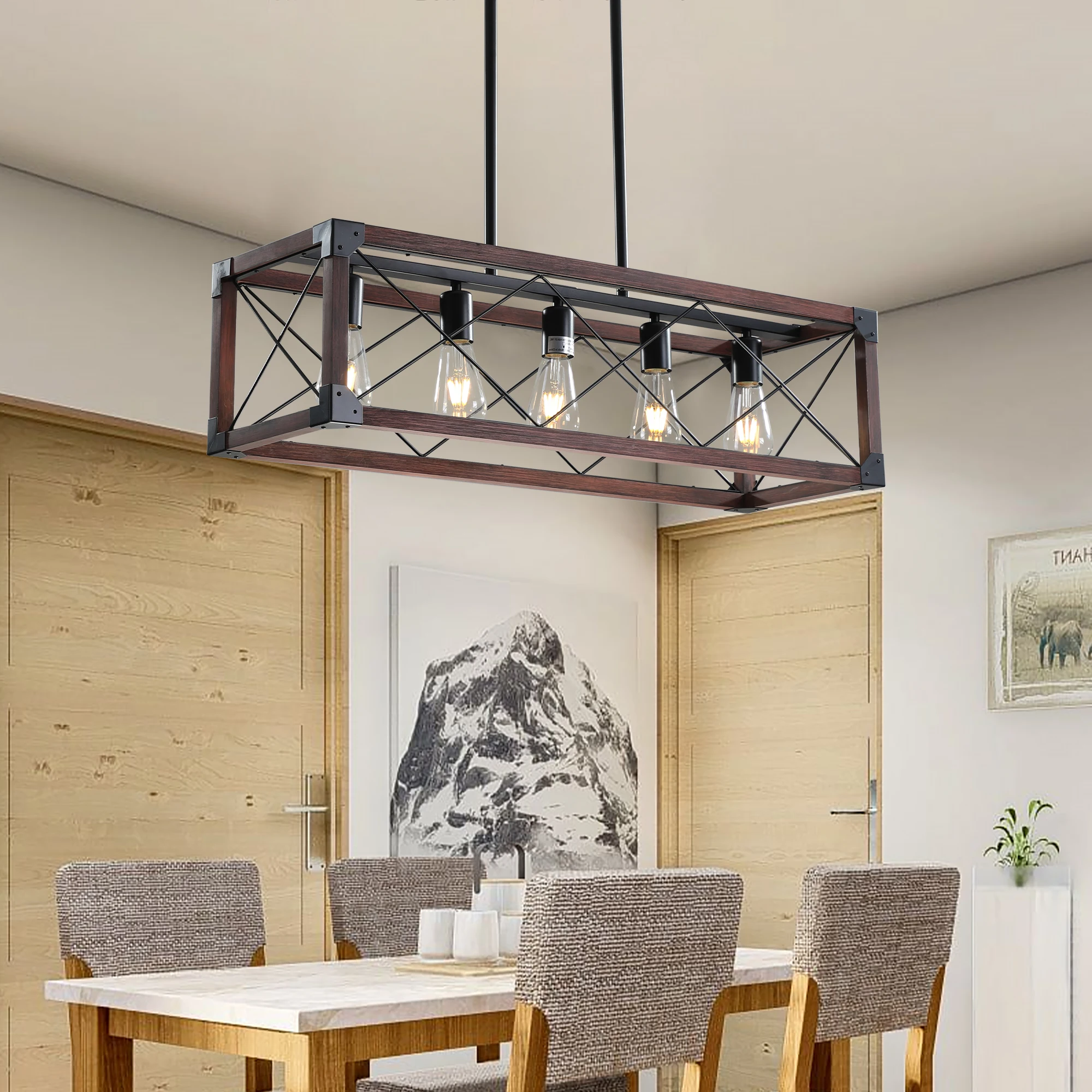 

Contemporary Industrial Chandelier Wooden Ceiling Light Fixtures Decorative Good Looking Durable For Kitchen Living Room