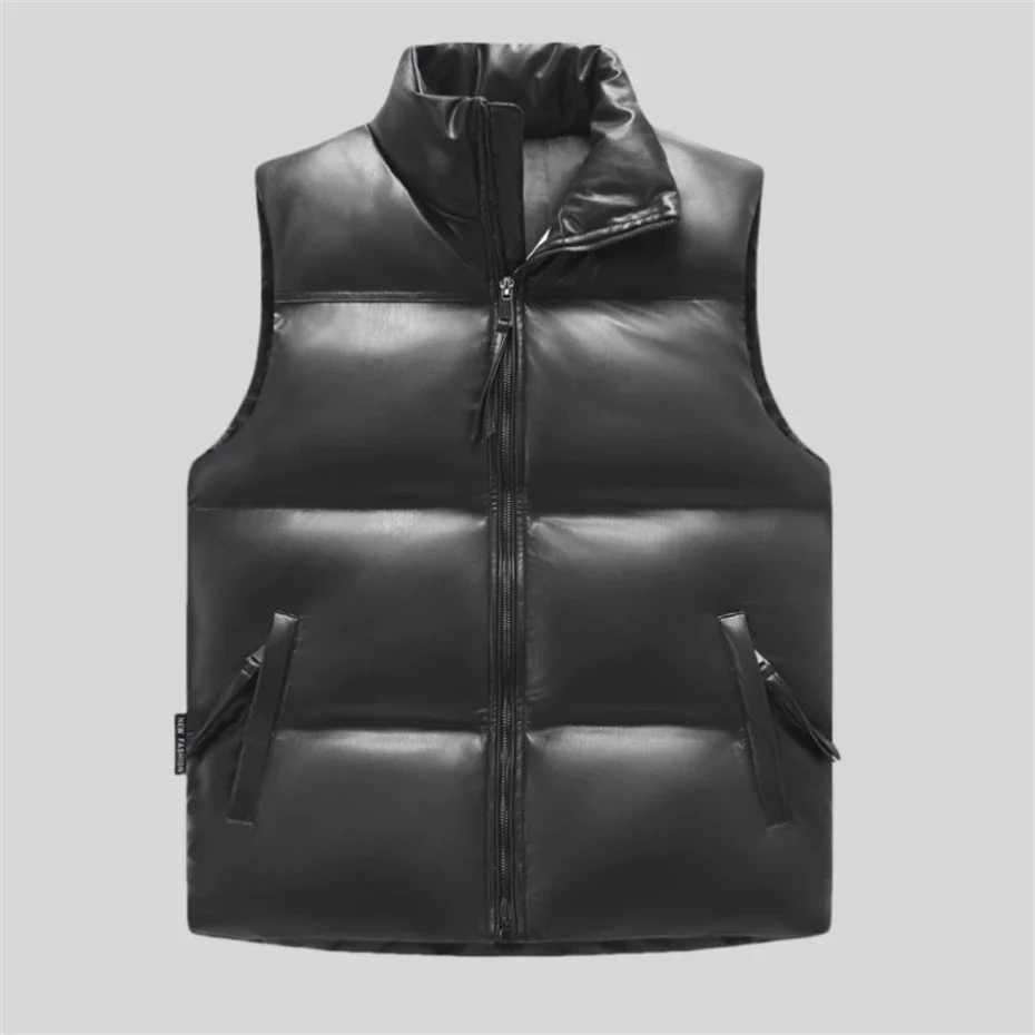

Warm Thicken Waistcoat Thick Gilet Bread Windproof PU Leather Vest for Men Zippe Jacket Winter Sleeveless Jacket Padded Coat