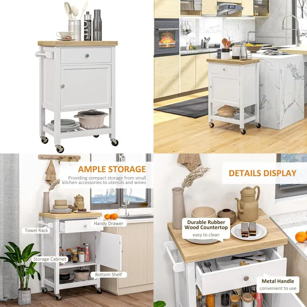 Rolling Kitchen Island with Rubberwood Top and Narrow Butcher Block Surface on Wheels for Storage
