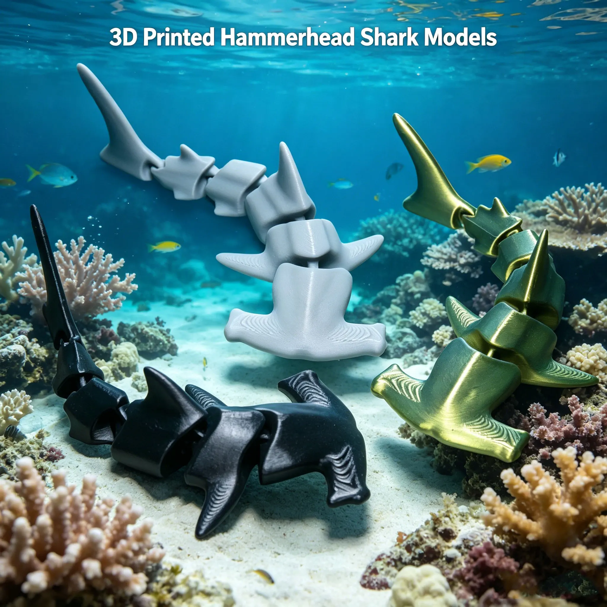 3D Printed Articulated Hammerhead Shark Model, Flexible Joint Sea Animal Figurine,  Joints Creative Toy