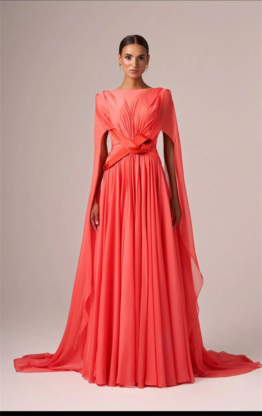 

Customized Classic Red Chiffon Evening Dress Simple O-Neck Long Sleeves Homecoming Dress Modern Straight Court Train Prom Dress