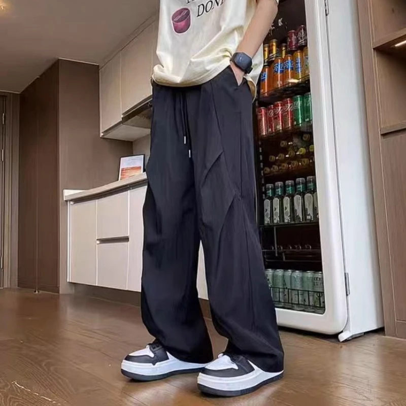 

Baggy Men's Casual Pants Loose Korean Style Fashion 2025 Vintage Polyester Slacks Y2k Streetwear Spandex Long Xxxl Male Trousers