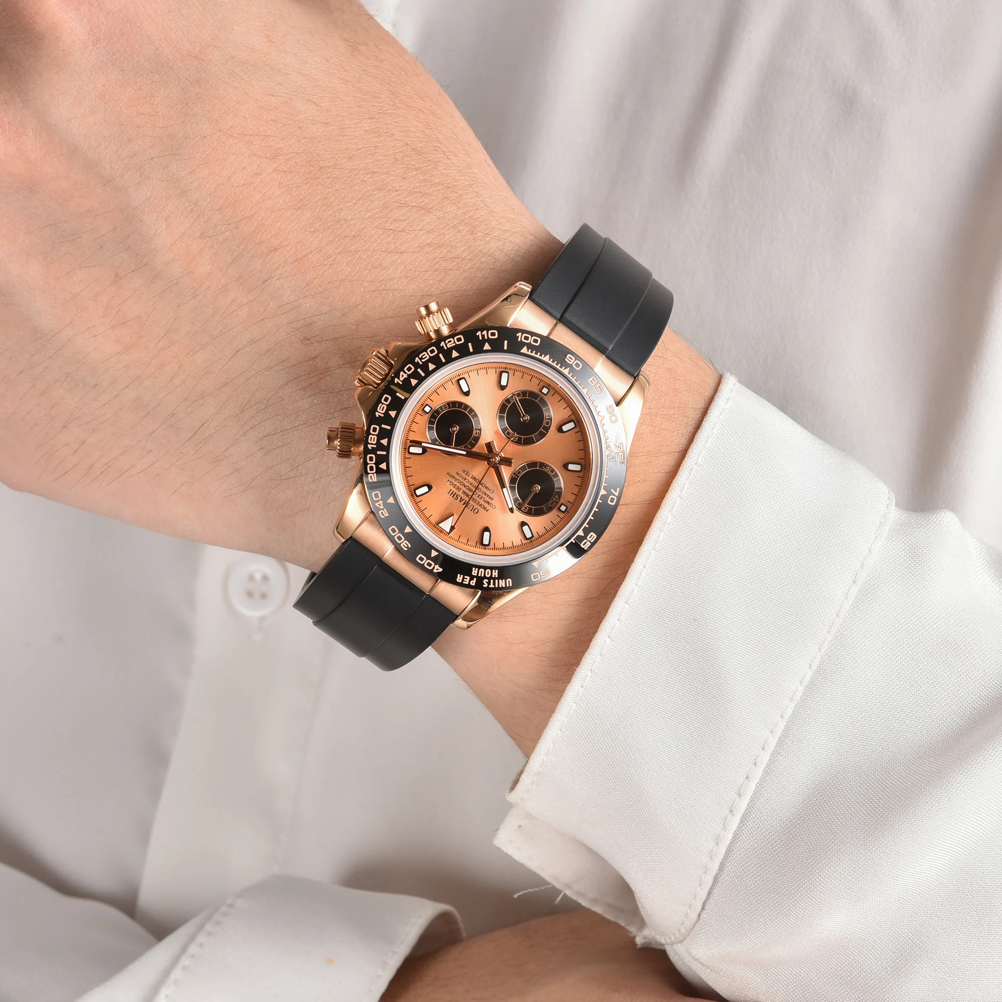 ساعة رياضية رجالية باللون الذهبي الوردي 39 ملم للرجال VK63 ساعة كرونوغراف من الفولاذ المقاوم للصدأ الياقوت مقاومة للماء 10ATM حافظة صلبة مضيئة