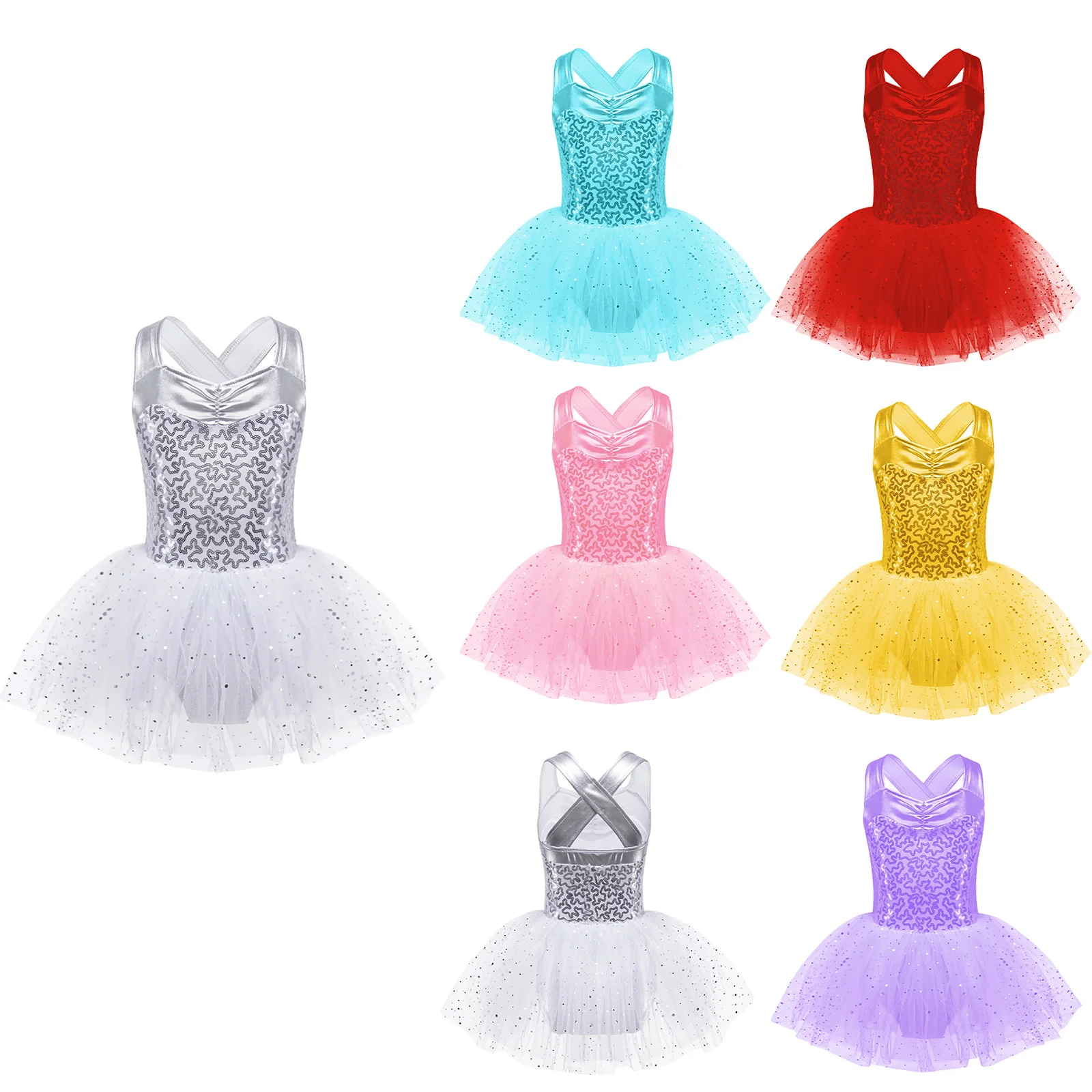 Kids Girls Sleeveless Shiny Ballet Dance Performance Dress Sequins Crisscross Back Leotard Tutu Mesh Dress Dancewear Costume