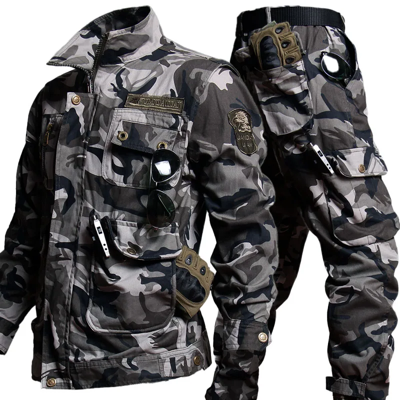 Outdoor Camo Sets Men Wear-resistant Ripstop Jackets+Multi-pocket Straight Pants 2 Pcs Suits Spring Autumn Training Set