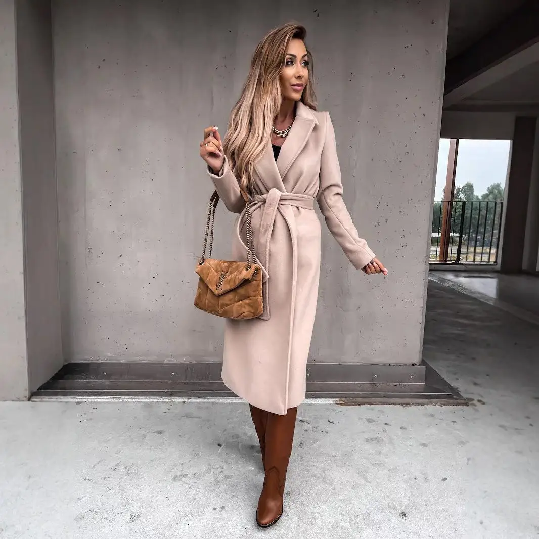 Long Woolen Coat Women's V-neck Belted Outerwear Spring Autumn Fashionable Simple Style City Style Medium Thickness
