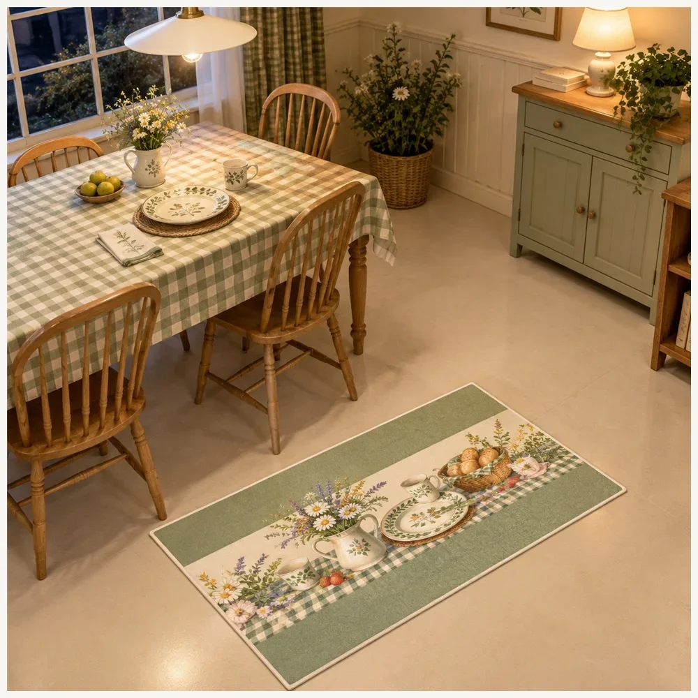 VIKAMA Country Table Door Mat, Non Slip Durable Flannel Rug, Vintage Cottage Floor Mat for Landing, Pantry, Cloakroom