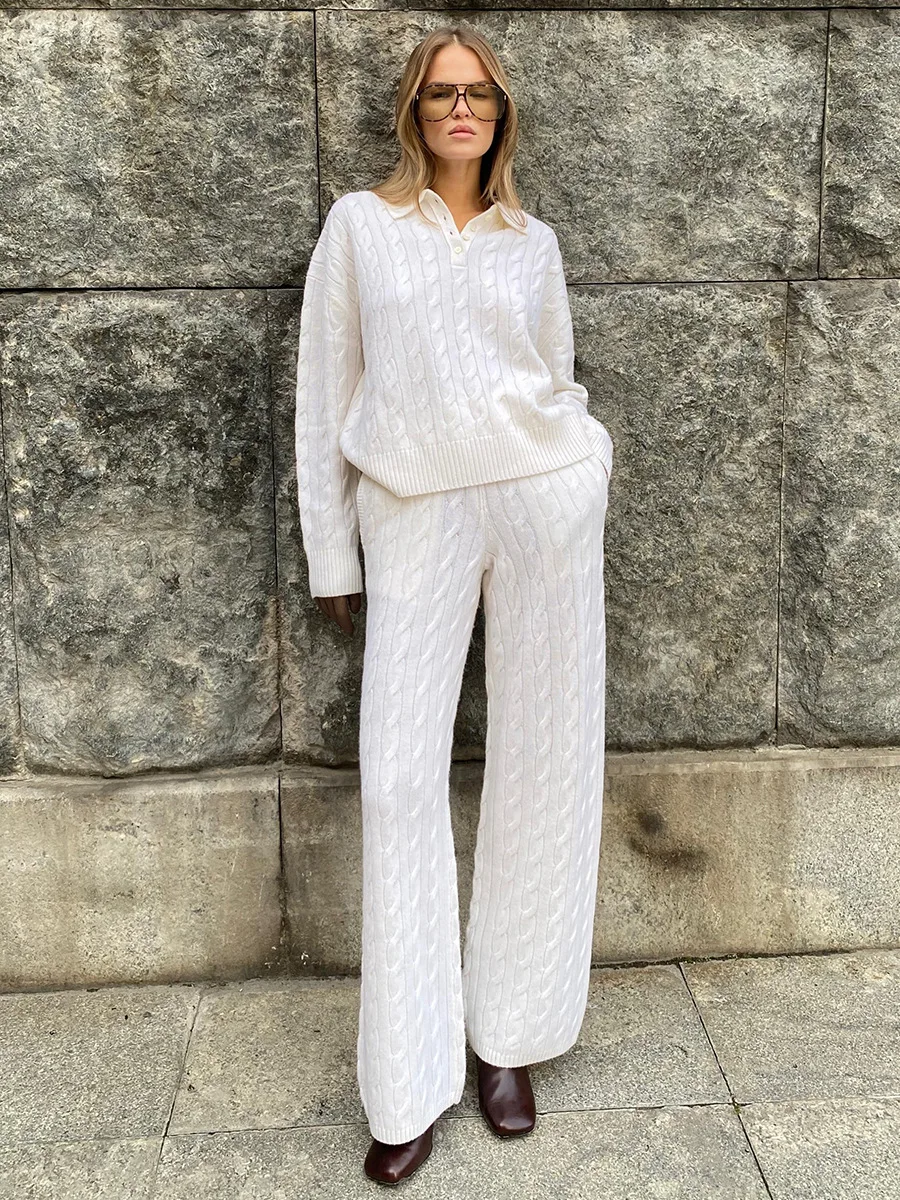 

Bornladies женский осенне-зимний вязаный свитер 2025 года, широкие брюки, комплект из 2 предметов, модные брюки, пуловер с воротником, свободные комплекты