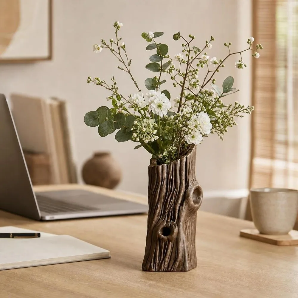 Tree Hole Shape Flower Vase 3D Printed Desktop Decor Succulent Pot Artificial Driftwood Rustic Style Planter Home Decor
